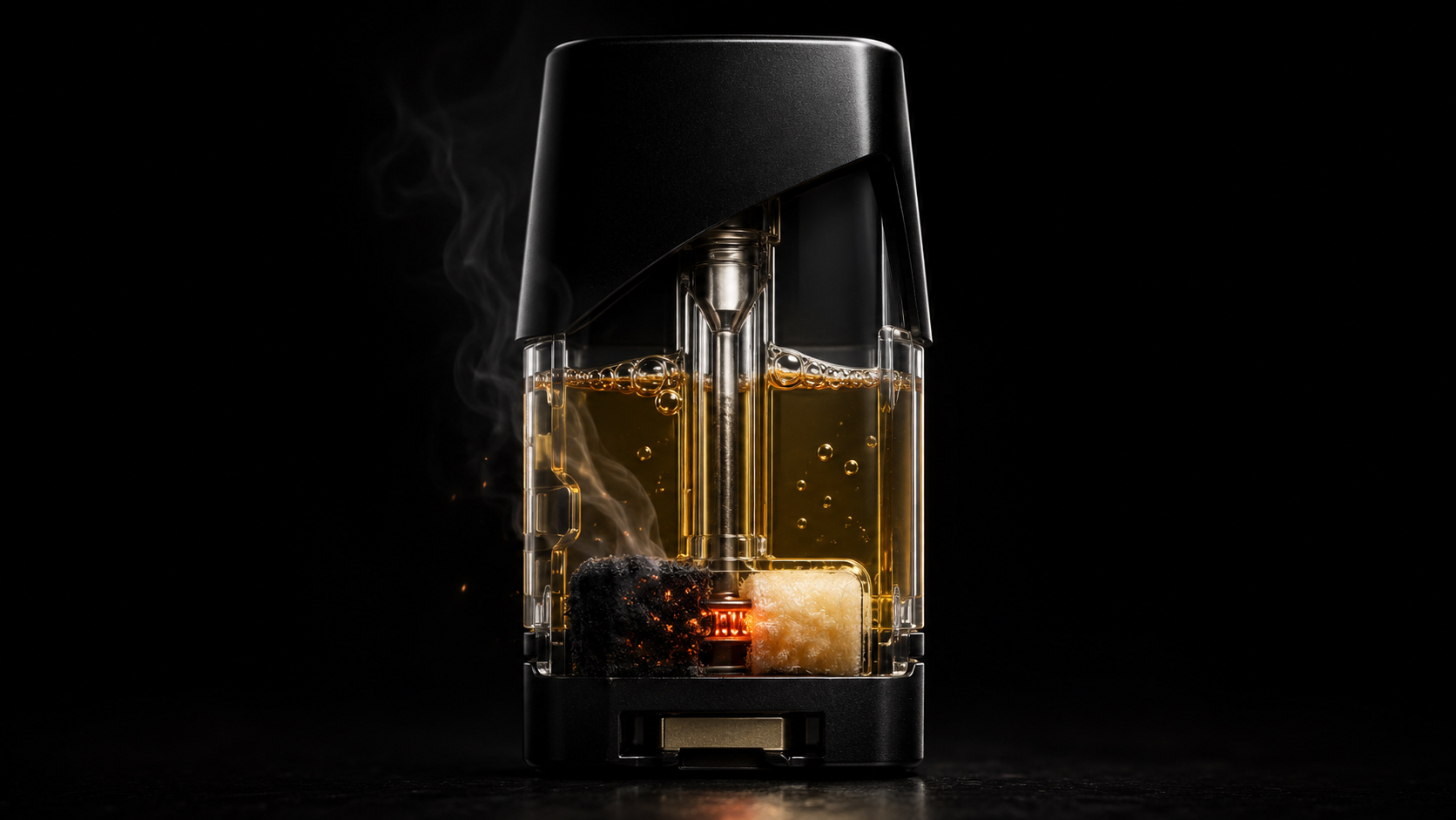 A vape pod cutaway: a coil between a charred dry wick and a clean saturated wick, smoke rising from the burnt side